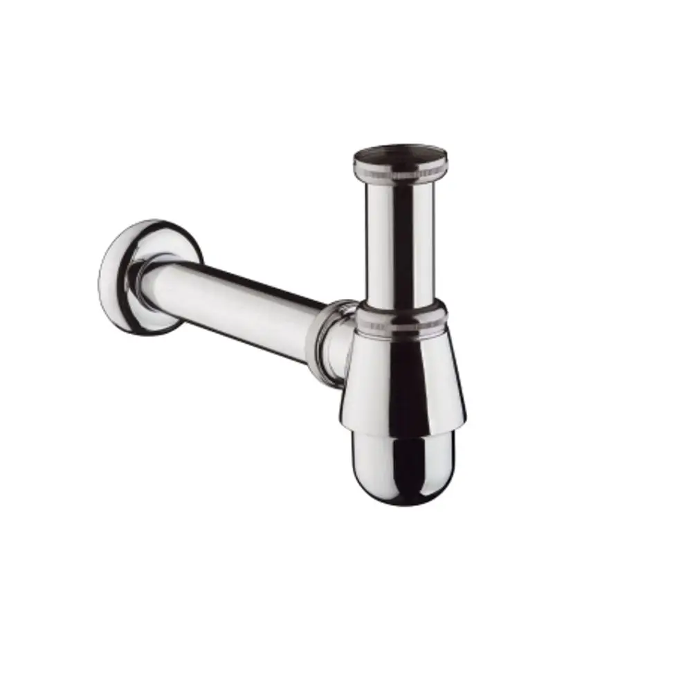 Siphon aus verchromtem Metall, geeignet für den Anschluss an ein Bidet. Hansgrohe Logo auf der Oberfläche sichtbar.
